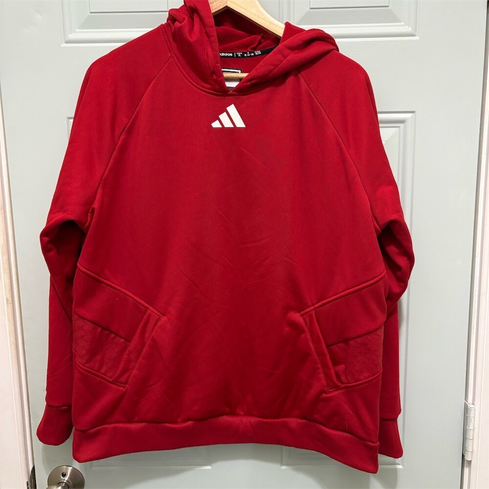 adidas Hoodie Mens XL Red Pullover Fleece Lined Athletic Logo Sweatshirt